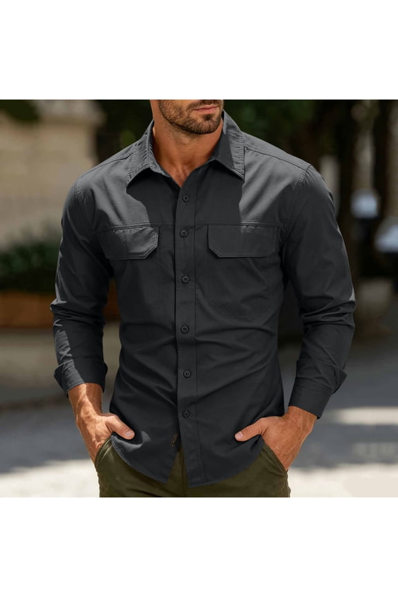 Men Ripstop Long Sleeve Tactical Button Down Shirt Dual Flap Chest Pockets UPF 50 Breathable Outdoor Hiking Military Work Top Black M Gift