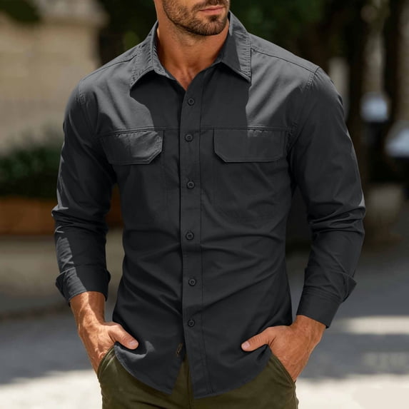 Ceisia Men Ripstop Long Sleeve Tactical Button Down Shirt Dual Flap Chest Pockets UPF 50 Breathable Outdoor Hiking Military Work Top Black XXXL Gift