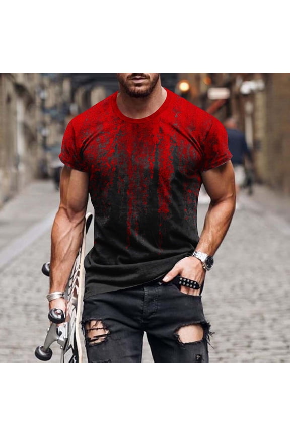Men Short Sleeve T Shirt Crew Neck Gradient Drip Print Casual Regular Fit Soft Cotton Daily Wear Streetwear Top Red XL Gifts for Father
