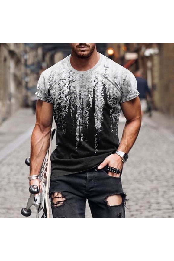 Men Short Sleeve T Shirt Crew Neck Gradient Drip Print Casual Regular Fit Soft Cotton Daily Wear Streetwear Top White XXL Gifts for Father