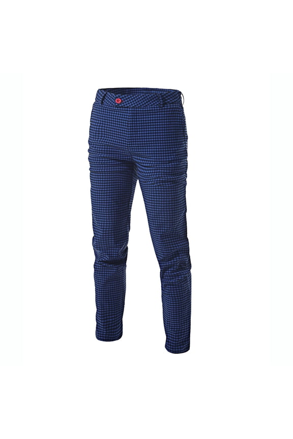 Men Slim Fit Micro Check Plaid Pants Elastic Waist Casual Fashion Tapered Long Trousers Dark Blue S Gift