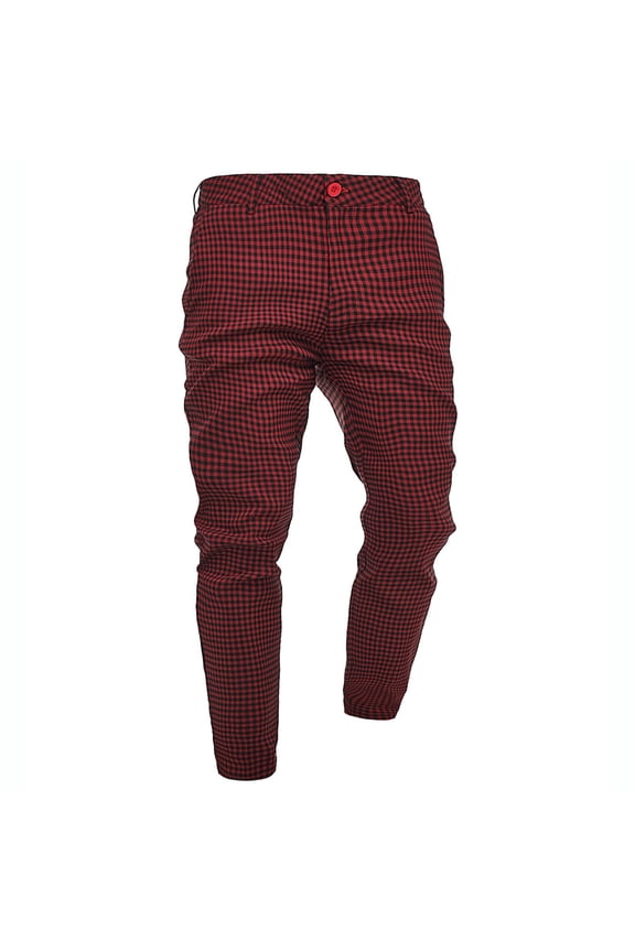 Men Slim Fit Micro Check Plaid Pants Elastic Waist Casual Fashion Tapered Long Trousers Wine S Gift