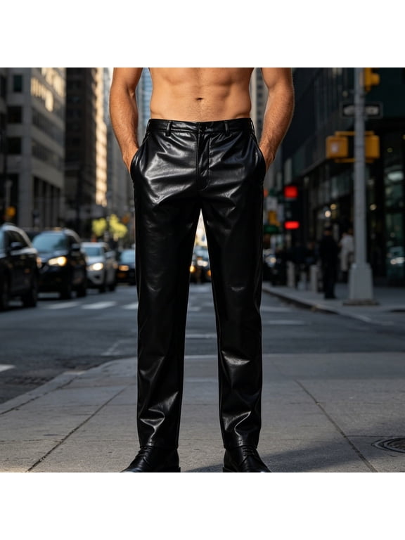 Men Smooth Straight Leg PU Leather Dress Pants Loose Fit Solid Streetwear Commuter Casual Faux Leather Trousers Black XXL Gift
