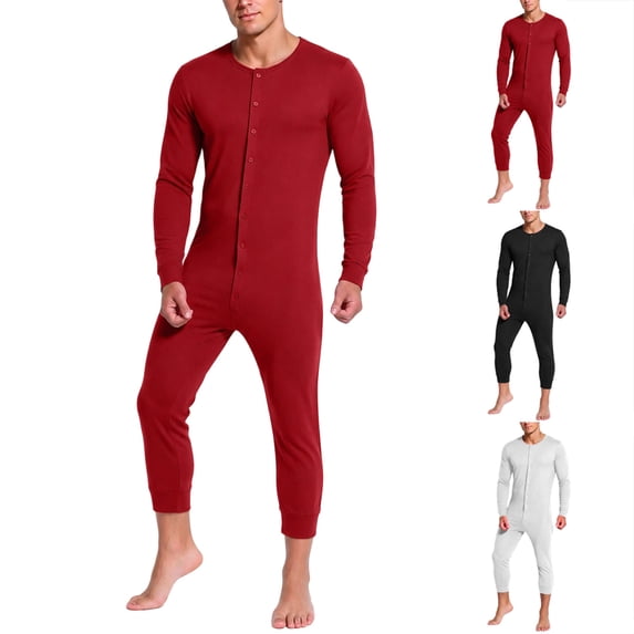 Ceisia Men Solid Button Front Long Sleeve Ankle Cuff One Piece Jumpsuit Loungewear For Night Sleep Home Relaxation Holiday Party Gift