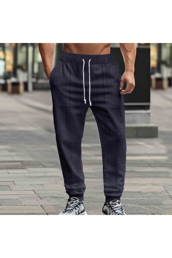 Men Solid Cable Knit Jogger Pants Elastic Drawstring Waist Multi Side Pocket Loose Cuffed Athletic Casual Trousers (Navy L) Father's Day Gift