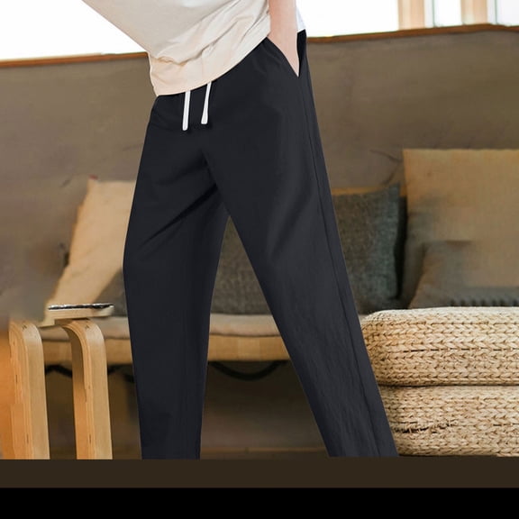 Ceisia Men Solid Color Breathable Elastic Waist Drawstring Pants All Occasion Gift Casual Trousers