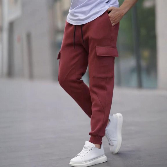 Ceisia Men Solid Color Loose Casual Pants Elastic Waist Drawstring Sports Gift Work Trousers