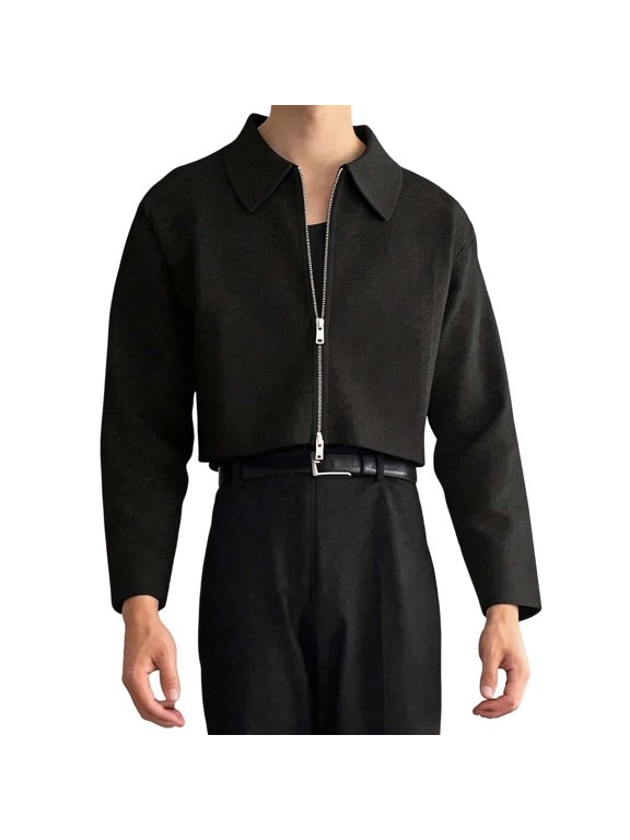Men Solid Cropped Full Zip Point Collar Long Sleeve Casual Streetwear Jacket Daily Layering Outerwear Gift