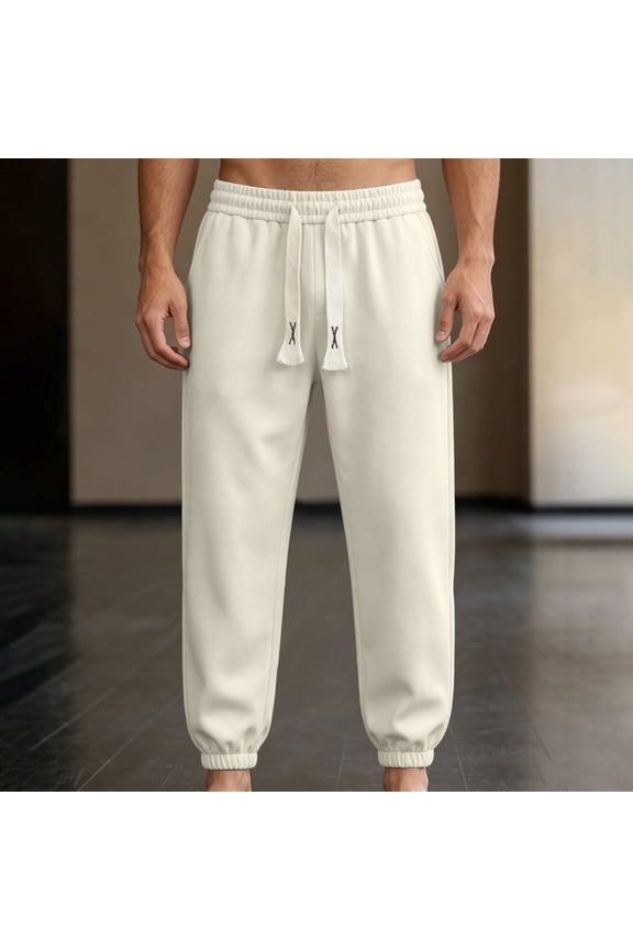 Men Solid Elastic Cuff Jogger Pants Loose Casual Spring Fall Athletic Sweatpants Beige XL Gift