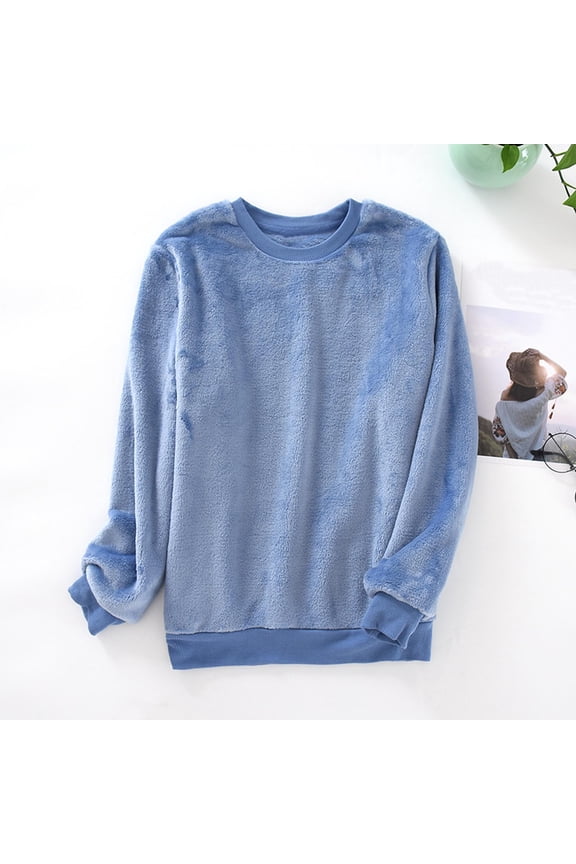 Men Solid Fuzzy Fleece Crew Neck Long Sleeve Sweatshirt Warm Cozy Winter Loungewear Sleep Top (Blue XXL) Father's Day Gift