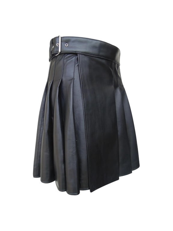 Men Solid PU Leather Pleated Kilt Scottish Festival Casual Mini Skirt With Adjustable Belt Black L Gift