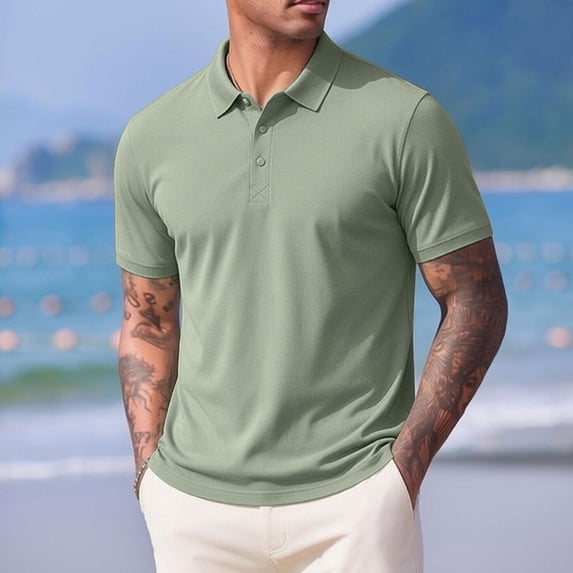 Ceisia Men Solid Pique Fabric Classic Collar Short Sleeve Basic Polo Shirt Green M Gift