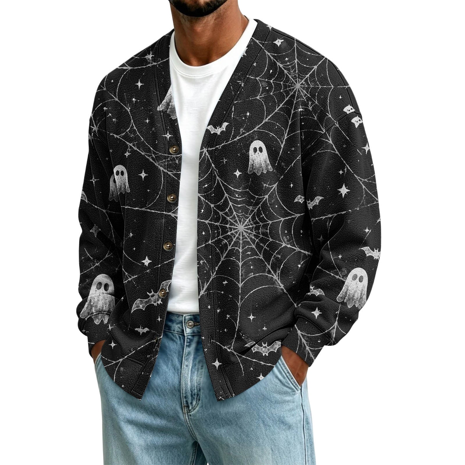 Ceisia Men Spider Web Ghost Bat Halloween Theme Printed V‑Neck Button ...