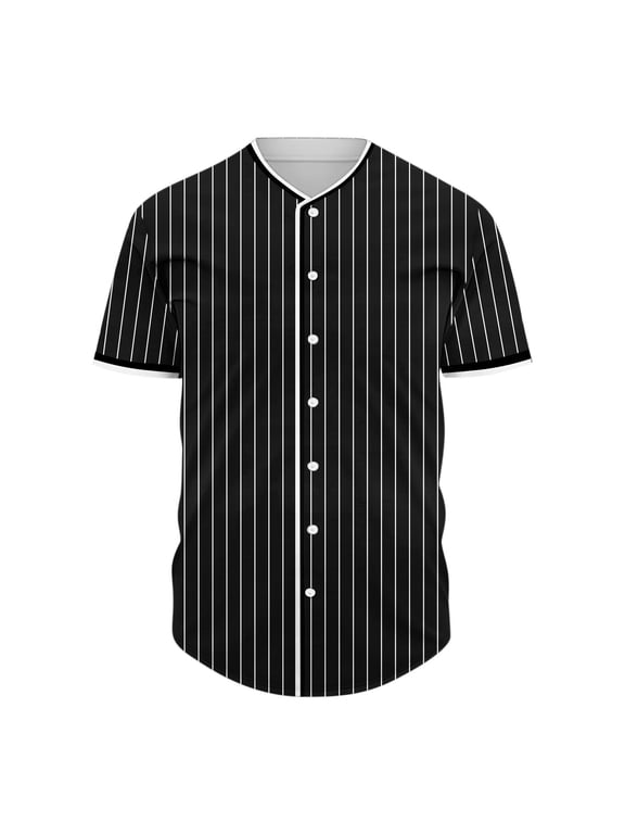 Men Striped Button Down Baseball Jersey Short Sleeve Shirt Black L Gifts for Father