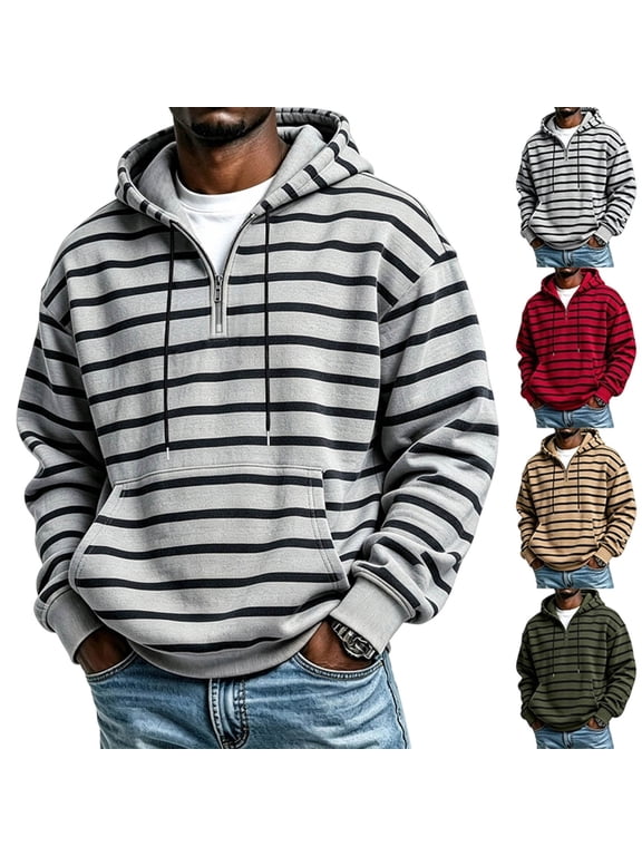 Men Striped Half Zip Hooded Sweatshirt Fleece Lined Kangaroo Pocket Long Sleeve Casual Pullover Hoodie For Fall Winter Gray S Gift