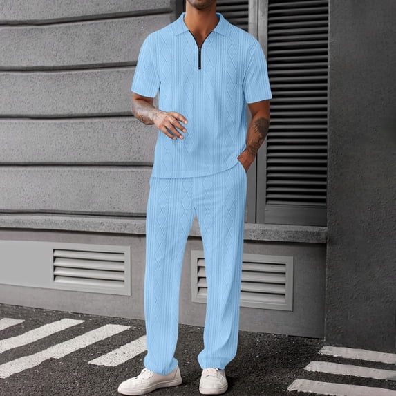 Ceisia Men Textured Half Zip Polo Short Sleeve Shirt & Elastic Waist Straight Pants Casual Two Piece Outfit Blue XXXL Gift