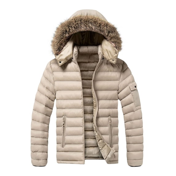 Ceisia Men Thick Fleece Lined Warm Winter Puffer Coat With Hood Casual Outerwear Khaki M Gift