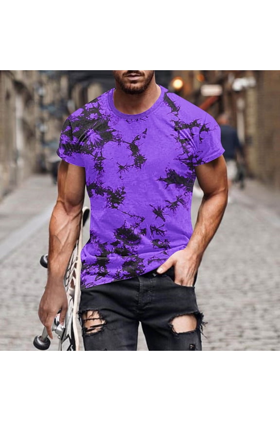 Men Tie Dye Tee Short Sleeve Ink Splatter Print Crew Neck Casual Regular Fit Breathable Summer Daily Wear Top Purple XL Gifts for Father