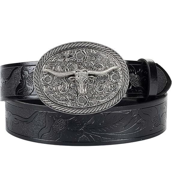 Ceisia Men Tooled Floral Embossed Leather Western Belt Longhorn Bull Skull Oval Buckle Vintage Cowboy Style Jean Waist Strap Gift