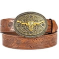 thumbnail image 1 of Ceisia Men Tooled Floral Embossed Leather Western Belt Longhorn Bull Skull Oval Buckle Vintage Cowboy Style Jean Waist Strap Gift, 1 of 6
