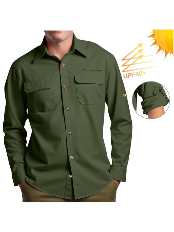 Men UPF 50+ Sun Protection Long Sleeve Button Up Shirt Multi Chest Pockets Roll Tab Sleeve Quick Dry Outdoor Hiking Fishing Safari Work Shirt (Army Green L) Gift