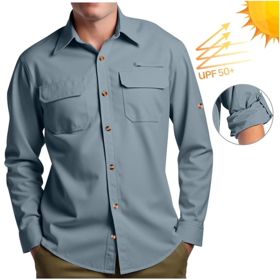 Ceisia Men UPF 50+ Sun Protection Long Sleeve Button Up Shirt Multi Chest Pockets Roll Tab Sleeve Quick Dry Outdoor Hiking Fishing Safari Work Shirt (Light Blue XXL) Gift