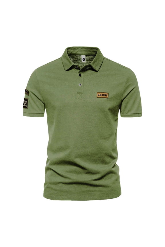 Men US Army Patch Print Polo Shirt Short Sleeve Collared Casual Regular Fit Tactical Daily Wear Top Green L Gifts for Father
