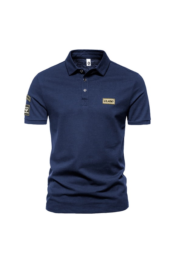 Men US Army Patch Print Polo Shirt Short Sleeve Collared Casual Regular Fit Tactical Daily Wear Top Navy M Gifts for Father