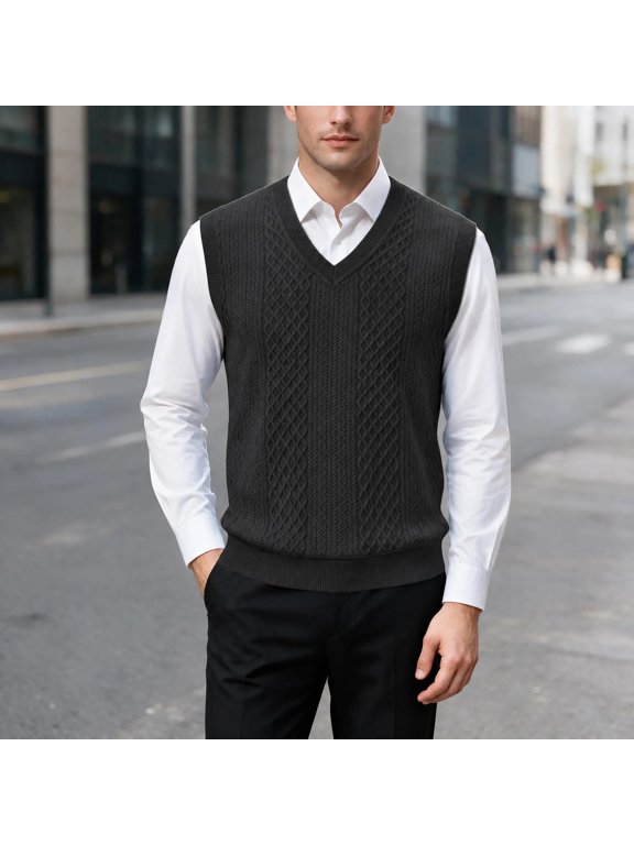 Men V‑Neck Cable Knit Sleeveless Sweater Vest Business Casual Pullover Waistcoat Black M Gift