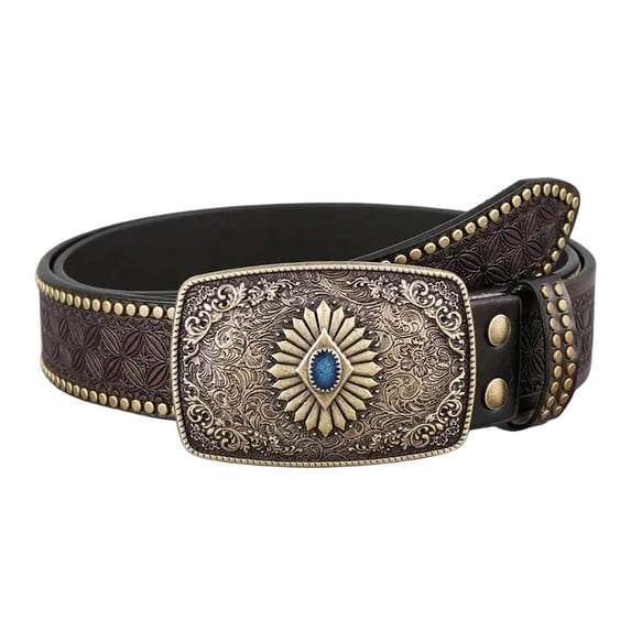 Ceisia Men Vintage Embossed Leather Western Cowboy Belt Turquoise Inlay Big Rectangle Buckle Retro Denim Jeans Waist Belt Country Costume Accessory Gift