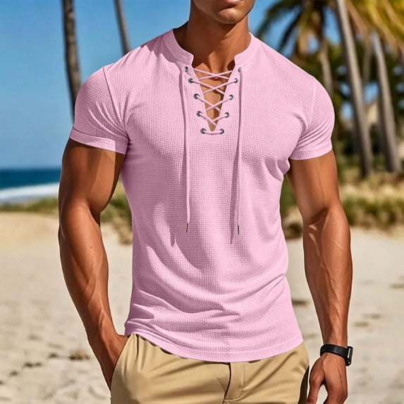 Ceisia Men Waffle Knit Lace Up Henley T Shirt Short Sleeve Loose Casual Basic Top Pink S Gift