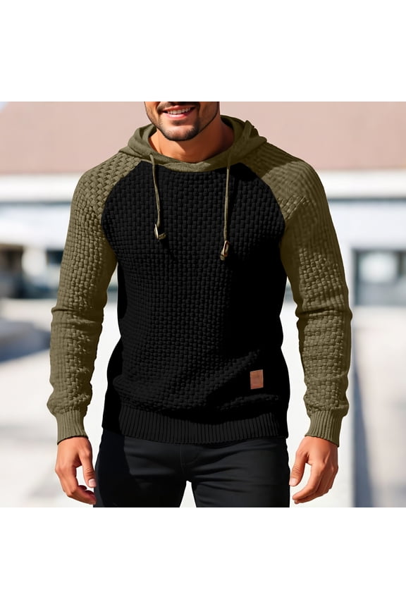 Men Waffle Knit Raglan Hoodie Color Block Long Sleeve Loose Pullover Sweatshirt With Small Chest Tag (Army Green L) Father's Day Gift