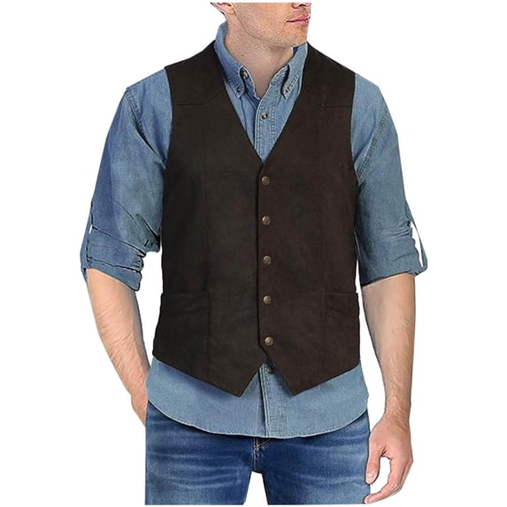 Ceisia Men Western Suede Texture Vest Sleeveless V Neck Button Front Casual Waistcoat Black M Gift