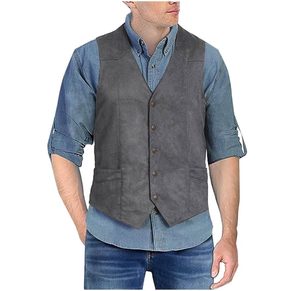 Ceisia Men Western Suede Texture Vest Sleeveless V Neck Button Front Casual Waistcoat Gray M Gift