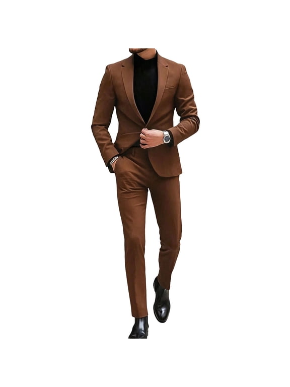 Men's 2 Piece Suit Set Slim Fit One Button Blazer And Dress Pants Formal Business Wedding Outfit Brown L Gift