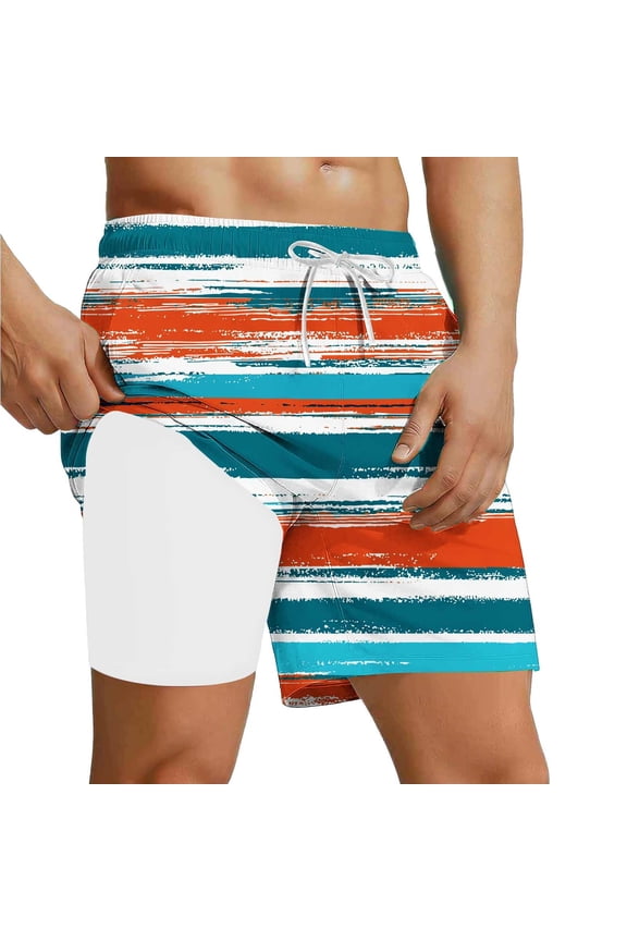 Men's 2-in-1 Quick Dry Swim Trunks Striped Elastic Waist Beach Shorts with Compression Liner Gift