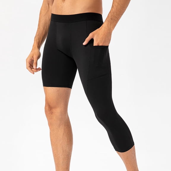 Ceisia Men's 3/4 Length Compression Shorts with Pockets Quick Dry Athletic Workout Running Base Layer Shorts Black M Gifts for Father