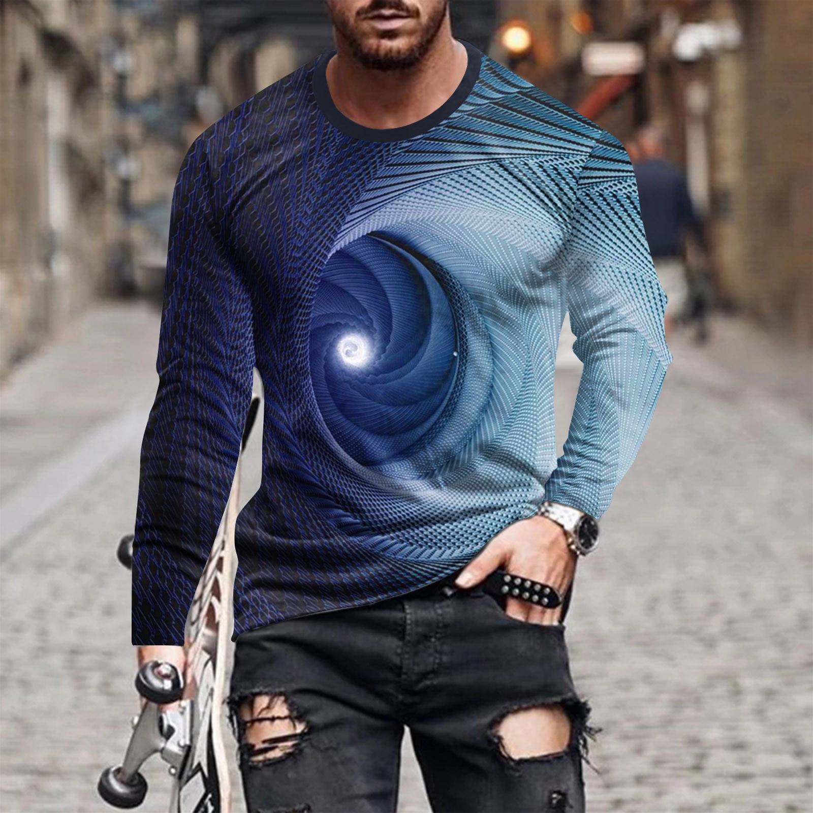 Ceisia Men's 3D Geometric Vortex Print Long Sleeve Crew Neck T-Shirt ...