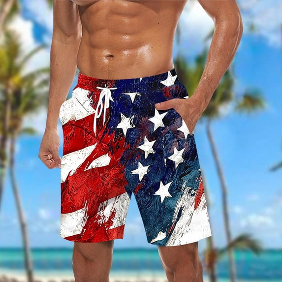 Ceisia Men's 4th July Patriotic Print Pockets Elastic Waist Drawstring Quick Dry Beach Swim Trunks Gifts for Father Blue 4X
