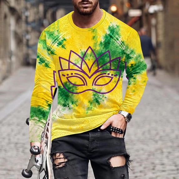 Ceisia Men's All-Over Mardi Gras Print T-Shirt | Slim Long-Sleeve Crewneck Winter Festive Top Gift
