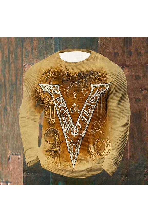 Men's All-Season Casual Regular Fit Crew Neck Sweatshirt Norse Viking Rune V-Totem Print Vintage Gold Brown Waffle Knit Stretch Fabric Multicolor L Gifts