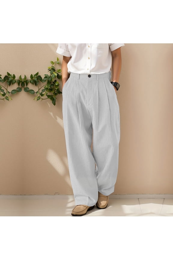 Men's All-Season Solid Linen-Style Double Gift Pleated Trousers Button Zipper Multiple Pockets Elastic Waist for Busin ess Casual Daily Outdoor