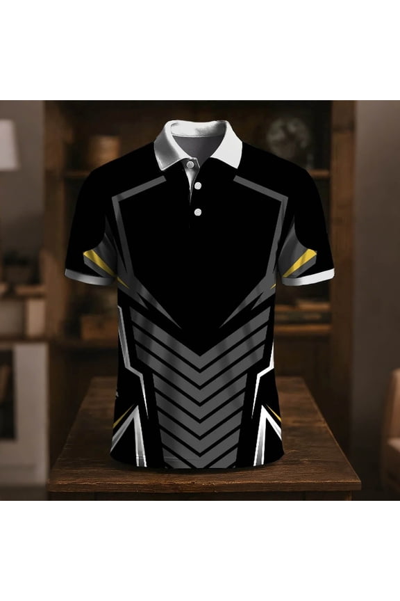 Men's Angular Geometric Stripe Polo Shirts, Regular Fit Short Sleeve Turndown Collar Casual Summer Tops Gifts