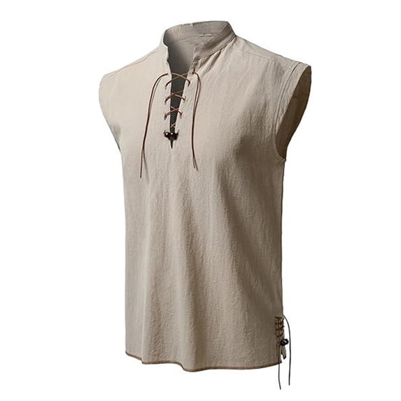 Ceisia Men's Big & Tall Linen Blend Sleeveless Vest Top Mandarin Collar Drawstring Casual Summer Layering Khaki XXXL Gifts for Father