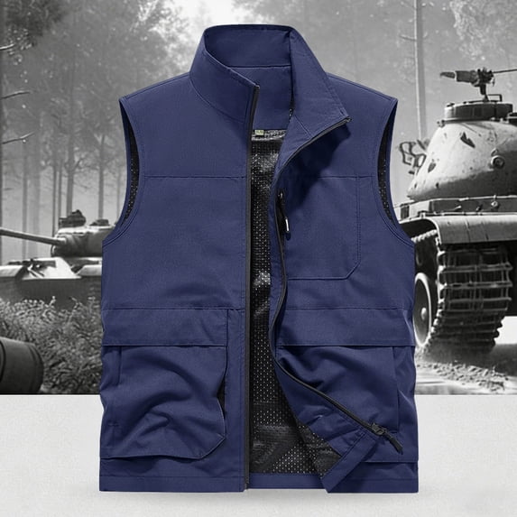 Ceisia Men's Big & Tall Multi Pocket Cargo Vest Stand Collar Sleeveless Utility Jacket Lightweight Outdoor Workwear Vest Dark Blue XXXXL Gifts for Father