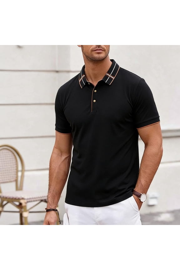 Men's Big & Tall Plaid Collar Short Sleeve Polo Shirt Button Placket Casual Daily Wear Top Black XXXL Gifts for Father