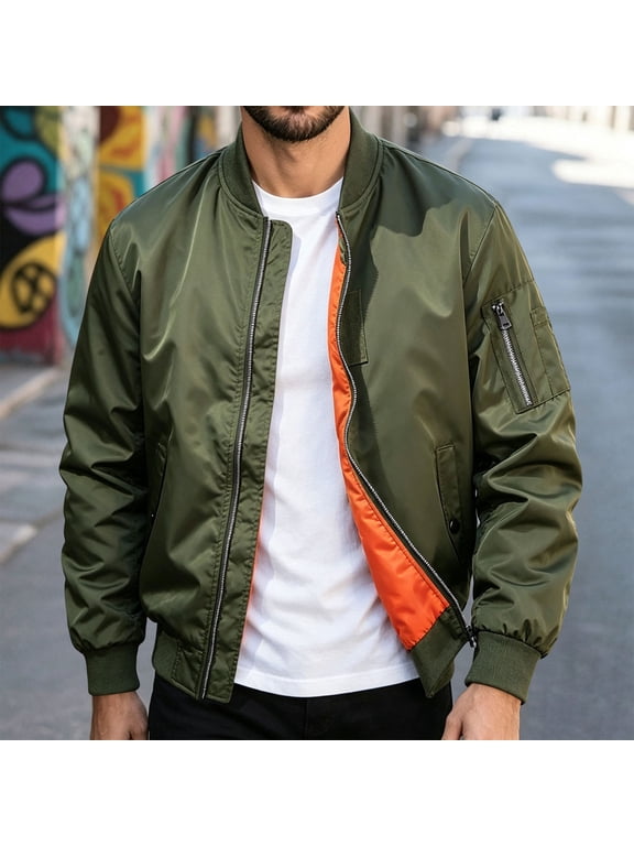 Men's Bomber Jacket Ribbed Collar Full Zip Long Sleeve Casual Lightweight Flight Jacket With Arm Pocket Army Green M Gift