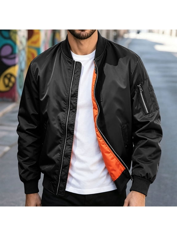 Men's Bomber Jacket Ribbed Collar Full Zip Long Sleeve Casual Lightweight Flight Jacket With Arm Pocket Black L Gift