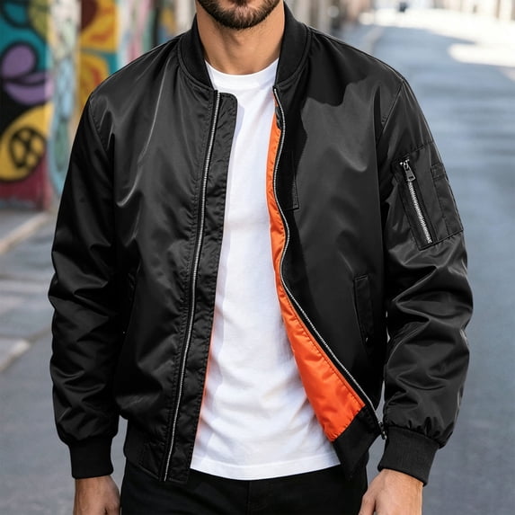 Ceisia Men's Bomber Jacket Ribbed Collar Full Zip Long Sleeve Casual Lightweight Flight Jacket With Arm Pocket Black XXXXL Gift