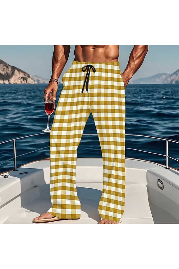 Men's Buffalo Plaid Loungewear Pants Elastic Waist Drawstring Lightweight Casual Trousers Yellow XL Gifts for Father